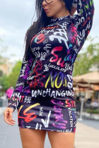 Dark Blue Casual Print O Neck Wrapped Skirt Dresses