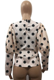 Apricot O Neck Puff sleeve Dot Patchwork Print asymmetrical Tops