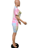 Pink Casual Letter Print Tie Dye Straight Short Sleeve Two Pieces