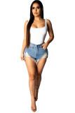 Blue Denim Zipper Fly Button Fly High washing Hole Zippered Pocket Straight shorts Shorts
