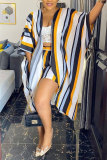 Hide Blue Fashion Casual adult Striped Patchwork Print ruffle Two Piece Suits Straight Half Sleeve Two Pieces