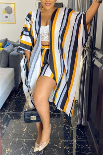 Hide Blue Fashion Casual adult Striped Patchwork Print ruffle Two Piece Suits Straight Half Sleeve Two Pieces