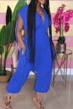 Black Sexy Patchwork Hollow Solid Chemical fiber blend Short Sleeve V Neck Jumpsuits