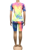 Fluorescent green Spandex Fashion Casual adult Ma'am O Neck Geometric Tie Dye Two Piece Suits Stitching Plus Size 