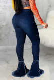Blue Sexy Solid Ripped High Waist Boot Cut Denim