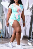 Fuchsia Fashion Casual Print Tie Dye Asymmetrical V Neck Short Sleeve Dress