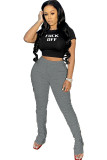 Black Fashion Sexy adult Ma'am Letter Two Piece Suits pencil Short Sleeve Two Pieces