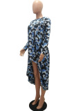 Army Green Fashion Daily Adult Milk Fiber Camouflage Print O Neck Long Sleeve Ankle Length Asymmetrical Dresses