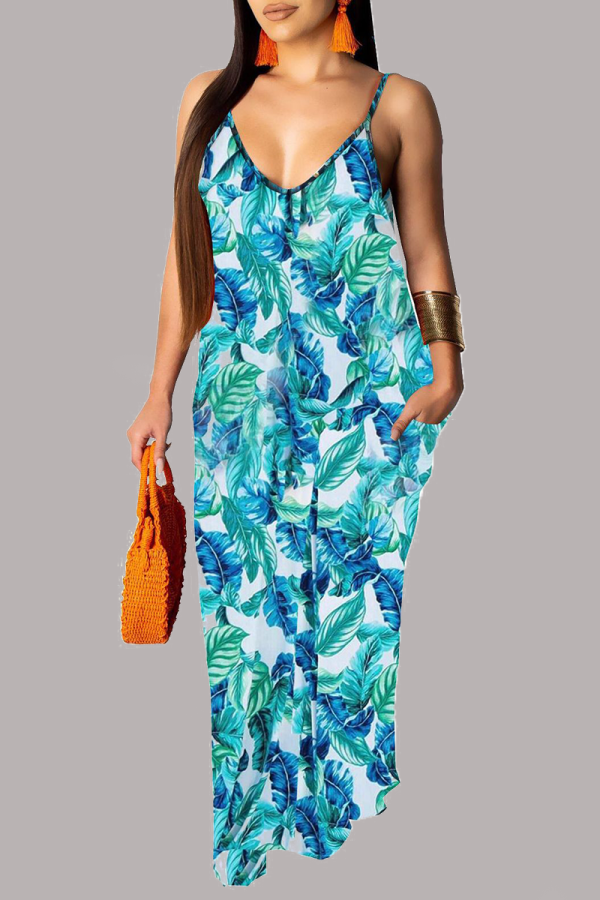 Blue Sexy Print Patchwork Spaghetti Strap Straight Dresses
