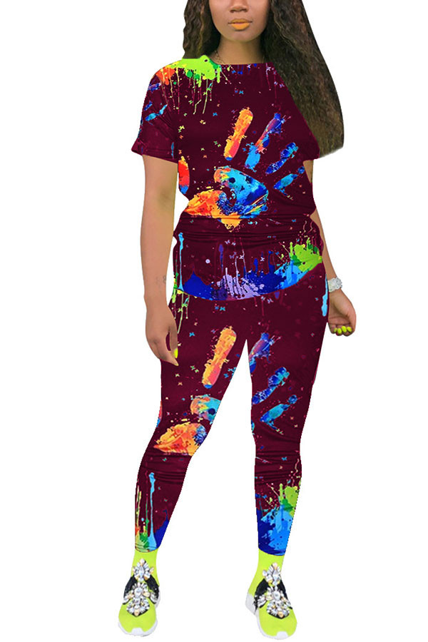 Wine Red Fashion adult Ma'am Street Print scrawl Two Piece Suits pencil Short Sleeve Two Pieces