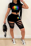 Black Fashion Casual Lips Printed Ripped O Neck Short Sleeve Two Pieces