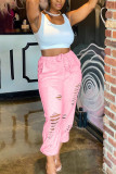 Light Gray Casual Solid Ripped Regular Bottoms