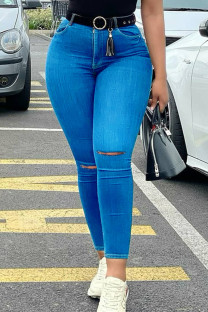 Medium Blue Fashion Casual Solid Ripped High Waist Skinny Jeans