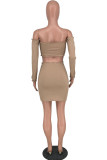 Camel Sexy Solid Patchwork Off the Shoulder Long Sleeve Two Pieces