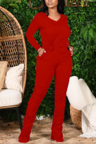 Red Fashion Casual Adult Solid Fold V Neck Long Sleeve Regular Sleeve Two Pieces