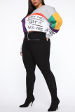 Grey Casual Print Draw String Letter O Neck Plus Size 