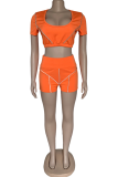 Tangerine Red Sportswear Solid Patchwork U Neck Short Sleeve Two Pieces