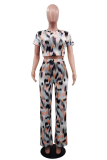 Light Gray Sexy Print Patchwork O Neck Short Sleeve Two Pieces