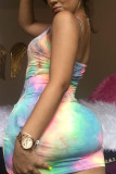 multicolor Sexy Spaghetti Strap Sleeveless Slip Step Skirt Mini Print Tie and dye Dresses