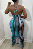 Red Fashion Sexy Print Backless Slit Spaghetti Strap Sleeveless Dress