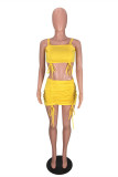 Yellow Fashion Sexy Solid Backless Strap Design Spaghetti Strap Sleeveless Two Pieces