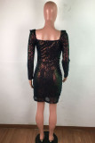 Brown Sexy Street Print Embroidered Sequins Backless V Neck Pencil Skirt Dresses
