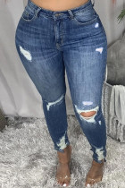 Dark Blue Fashion Casual Solid Ripped Mid Waist Skinny Jeans