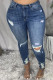 Dark Blue Fashion Casual Solid Ripped Mid Waist Skinny Jeans