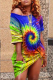 Dark Blue Fashion Cap Sleeve 3/4 Length Sleeves O neck Step Skirt Mini Rainbow Paisley asymmetrical