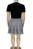 Black Sexy Plaid Print Patchwork Frenulum V Neck A Line Plus Size Two Pieces