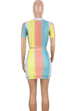 rose red Fashion Sexy Casual Mesh HOLLOWED OUT Patchwork backless Print Hip skirt Short Sleeve