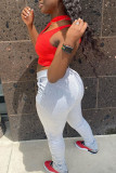Red Sexy Sportswear Solid Fold O Neck Sleeveless Two Pieces