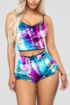 Blue Fashion Sexy Leopard Two Piece Suits Straight Sleeveless Two Pieces