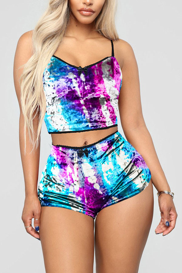 Blue Fashion Sexy Leopard Two Piece Suits Straight Sleeveless Two Pieces