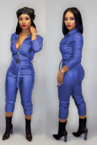 Blue Fashion Sexy Solid bandage zipper PU Long Sleeve Turndown Collar 
