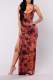 Burgundy Sexy Print High Opening Spaghetti Strap Irregular Dress Dresses