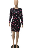 Black Elegant Print Lips Printed Draw String O Neck Pencil Skirt Dresses
