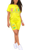Black Fashion Casual adult Letter Patchwork Print Two Piece Suits pencil Short Sleeve Two Pieces
