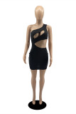 Black Sexy Solid Hollowed Out Fold One Shoulder Sleeveless Dress