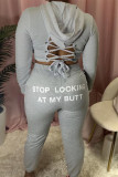 Grey Sexy Solid Hollowed Out Hooded Collar Long Sleeve Regular Sleeve Two Pieces