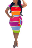 Multi-color Fashion adult OL Multi-color Cap Sleeve Short Sleeves O neck Step Skirt Knee-Length Striped Print Patchwork bandage backless hollow out Dresses