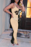 Yellow Red Fashion Sexy Letter Print Patchwork Backless Fold O Neck Skinny Jumpsuits