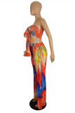 Blue Orange Fashion Sexy Print Tie Dye Backless Slit Strapless Sleeveless Two Pieces