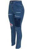 Blue Fashion Casual Print Ripped Buttons Regular Mid Waist Pencil Bottoms