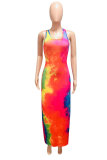Orange FashionOff The Shoulder Sleeveless O neck Step Skirt Ankle-Length Print Patchwork Tie and dye Dresses