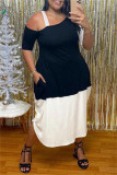 Green Fashion Casual Plus Size Patchwork Asymmetrical Oblique Collar Short Sleeve Dress