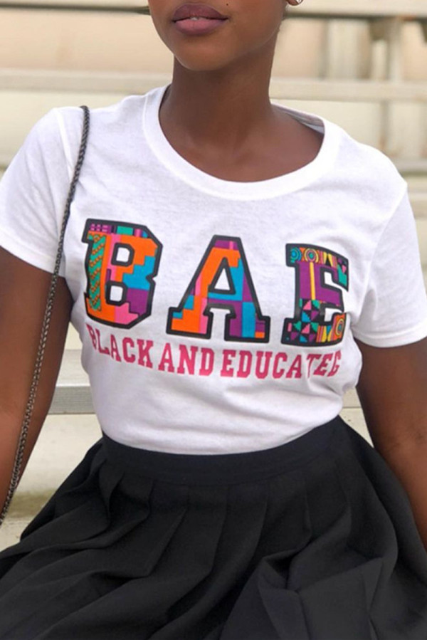 White Fashion Casual Letter Print Basic O Neck T-Shirts