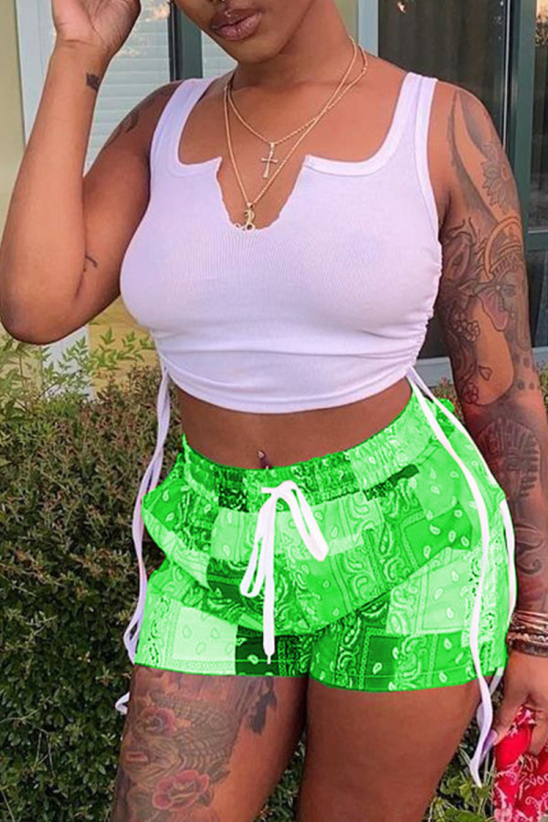 Fluorescent Green Sexy Print Ripped Contrast Spaghetti Strap Sleeveless Two Pieces