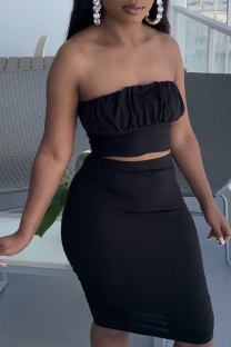 Black Sexy Solid Patchwork Strapless Sleeveless Two Pieces