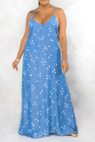 Blue Sexy Print Patchwork Spaghetti Strap Straight Dresses